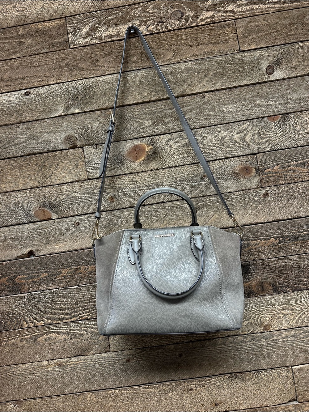 Michael Kors Taupe Pebbled Leather & Suede Satchel Crossbody Bag - Picture 4 of 8